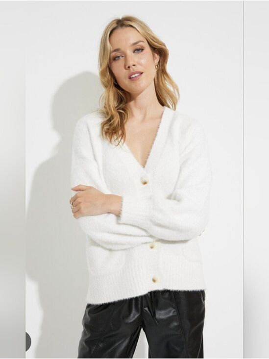 MELISSA NEPTON Sweaters - MELISSA NEPTON White Button-Front V-Neck Fuzzy Neutral Cardigan